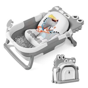Collapsible Alligator🐊ShapeBaby👶🏻BathTub🛁w Soft Cushion&Real-Time Thermometer🌡️